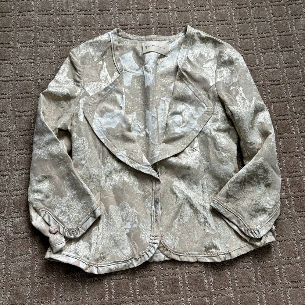 Y & Kei Water The Earth Blazer Women's 42 Metallic Gold Brocade Abstract Artsy